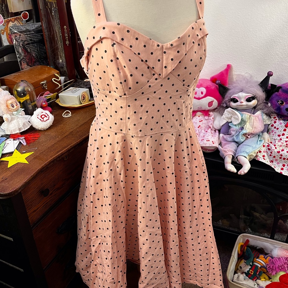 Vixen by Micheline Pitt Peach Dress with Black Polka Dots